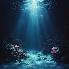 Poster - Sunlight Beams Through Underwater Scene with Coral Reefs and Sandy Floor Creating a Mysterious Atmosphere