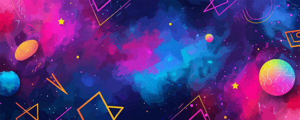 Wall Mural - Colorful abstract space with geometric shapes and stars.