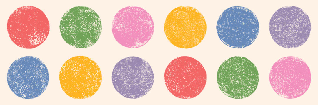 Grungy distressed aged retro textured hand printed circle shapes collection. Linocut vector round rough worn scuffed textures artistic backgrounds set. Grunge label stamp badge text boxes templates 