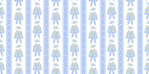 Poster - Floral bow cute vector pattern background, vertical stripe ribbons with tiny flowers, adorable spring wallpaper design