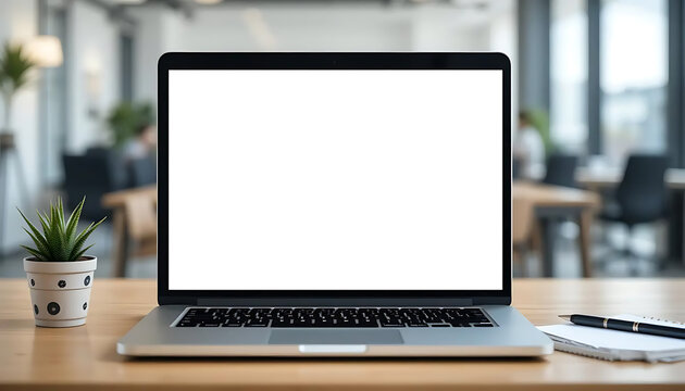 Laptop with blank white screen, wooden desk, small potted succulent, pen and notebook, modern office interior, bright lighting, minimalist workspace, blurred background, clean aesthetic, professional 