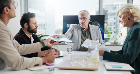 Poster - Serious, group and documents in meeting, collaboration and negotiation for global trade in business. Teamwork, colleagues and people with paperwork for international investment, trader and ideas