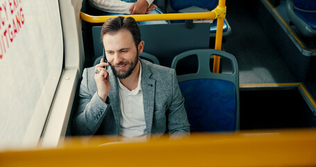 Poster - Business, commute and phone call with man on bus for communication or public transport to work. Conversation, journey and travel with happy employee in vehicle for trip as passenger from above