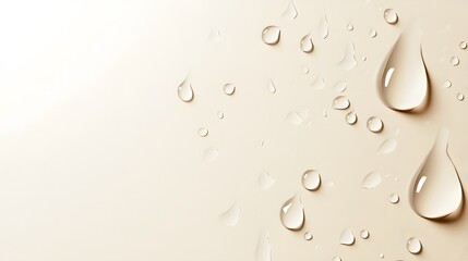Poster - Water droplets on soft surface, transparent beads glistening on light beige background, ideal for nature-themed designs.
