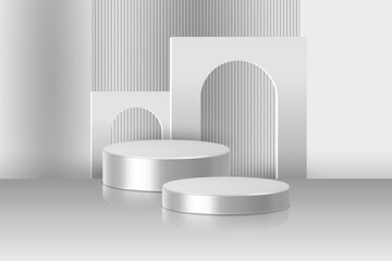 Wall Mural - Realistic 3d background with cylinder podium. Black, red, white glowing light semi circles layers scene. Abstract minimal sceneMinimal mockup or abstract product display presentation, Stage showcase.