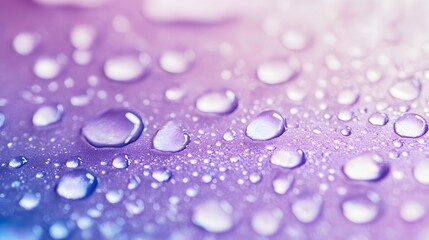 Poster - Colorful water droplets on smooth surface, soft purple hues blending with clear droplets, ideal for backgrounds or designs.