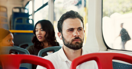 Poster - Bus, travel and business man with earphones in city by window for journey, morning commute and trip. Public transport, passenger and person on vehicle listening to podcast, audio and radio in town