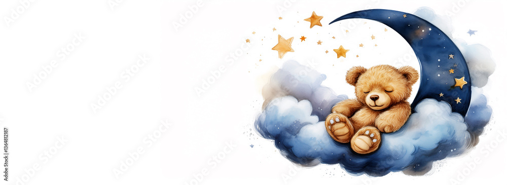 Illustration of a cute brown teddy bear sleeping on the moon and clouds ...