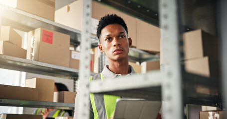 Leinwandbilder - Supply chain, man and search with tablet for delivery, distribution and inspection for ecommerce. Small business, warehouse and employee for online distributor with planning, shipping or supplier