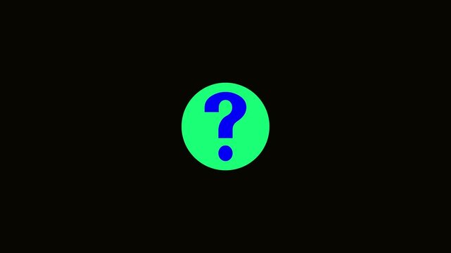 Animation of question mark with transparent background for video creation. Neon help question mark icon blue glowing black background animation.