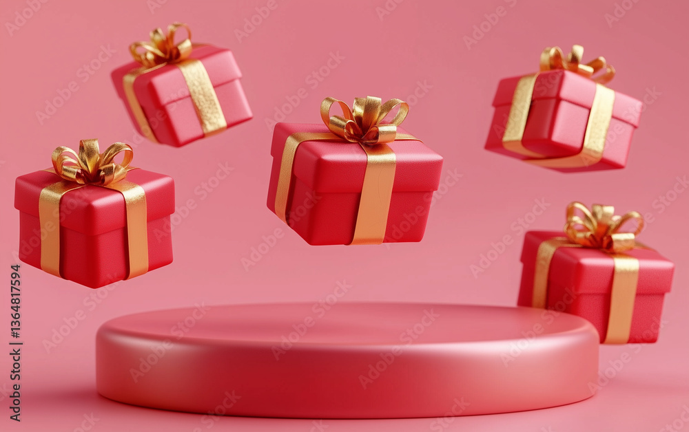 Red Gift Boxes with Gold Ribbons Floating Around a Red Display Podium ...