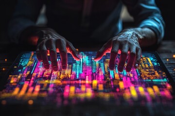 Poster - An entrepreneur utilizes stock for data analysis, thereby generating stock, and embracing futuristic technology with robots integrated into online systems to shape the corporate concept of the future