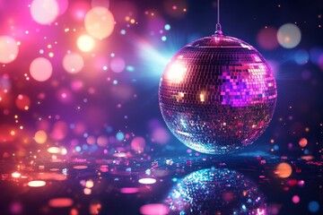 Wall Mural - 3D render of a colorful disco ball with lights and glitter on a dark background.