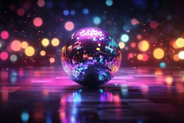 Wall Mural - 3D render of a colorful disco ball with lights and glitter on a dark background.