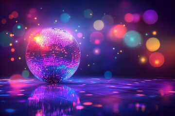 Wall Mural - 3D render of a colorful disco ball with lights and glitter on a dark background.
