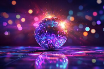 Wall Mural - 3D render of a colorful disco ball with lights and glitter on a dark background.