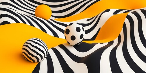 Leinwandbilder - Vibrant spherical shapes resting on a dynamic surface of black and white stripes contrasted by bright yellow waves
