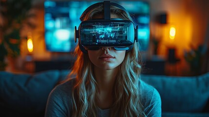 A woman wearing a VR headset browses an online store from the comfort of her home, selecting clothes with the help of a 3D futuristic hologram displaying widgets and a user menu, complete with a