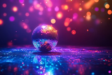 Wall Mural - a glowing golden disco ball with colorful lights and glitter on a black background.