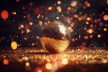 Wall Mural - a glowing golden disco ball with colorful lights and glitter on a black background.