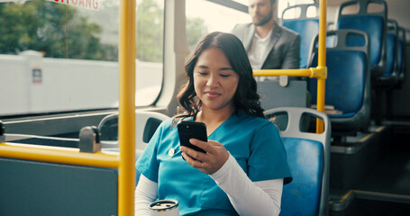 Poster - Bus, nurse and woman with cellphone, commute and communication with public transport. Person, healthcare professional or employee with smartphone, texting and app for work schedule, travel or message