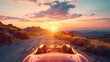 © Farkhanda - road trip with an old vintage retro car, classic car, summer trip, travel concept, couple of men and woman watching sunset by the ocean in an old car