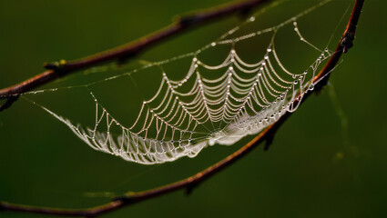 a spider web stretches between two brown tree branches, its intricate geometric pattern of silvery s