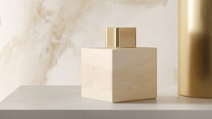 Poster - A cream-colored perfume bottle with a sleek gold cap is positioned on a light surface, showcasing a modern and minimalist aesthetic in a contemporary interior