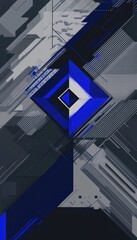Poster - A dynamic abstract composition features a blue diamond shape at its center surrounded by a web of sharp lines and contrasting colors, creating a sense of movement and depth