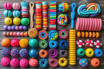 Poster - A flat lay of colorful childrens toys on wooden planks