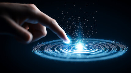 Poster - Interactive cosmic touch visualizing energy waves in a dark environment digital art style