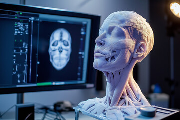 Aufkleber - white head with a skull on it is displayed on a computer monitor. The skull is surrounded by a green circle. The head is made of plastic and is displayed on a desk