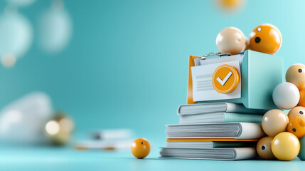 Aufkleber - stack of books is topped with document folder featuring checkmark, surrounded by colorful spheres, set against soft blue background, creating playful and organized scene