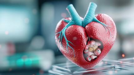 Poster - 3D heart model with glowing pulse, symbolizing life and vitality, is depicted with intricate details and vibrant colors. heart is shown with pills inside, highlighting medical theme