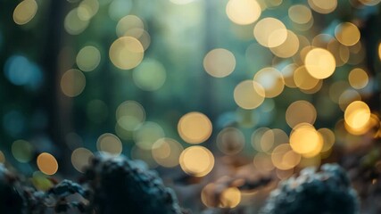 Wall Mural - golden bokeh lights suspended in forest green foliage with ethereal sunlit sky creates festive abian