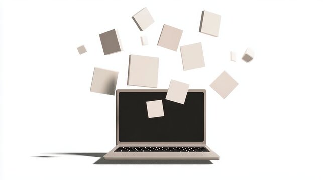 A laptop sits on a white surface with various square shapes floating above it. This design evokes ideas of creativity and digital innovation in a minimalistic environment