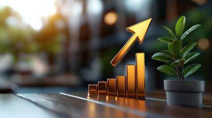 Poster - 3D bar graph with upward arrow symbolizes growth and success, set against blurred background with small potted plant, conveying sense of progress and sustainability