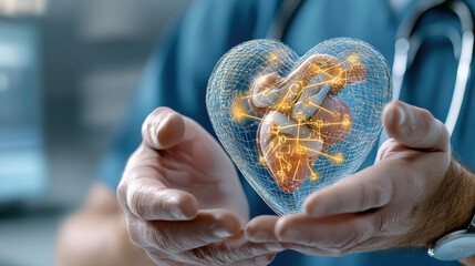 Fototapete - doctor holds futuristic 3D heart with glowing digital elements, symbolizing advanced medical technology and innovation in healthcare. heart is surrounded by wireframe structure