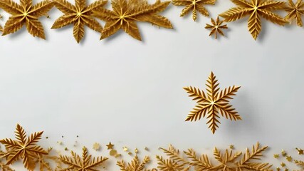 Wall Mural - golden snowflake and star decorations on white background festive holiday season display