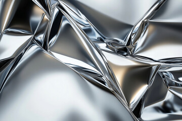 Aufkleber - piece of shiny silver foil with a crumpled texture. Concept of disarray and chaos, as the foil is torn and wrinkled. The metallic surface of the foil contrasts with the rough, uneven texture