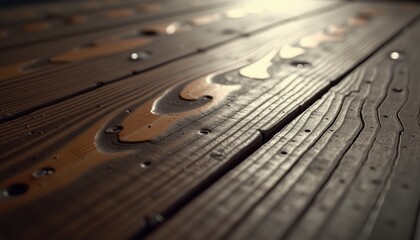 Poster - Wooden surface with water droplets reflecting warm light  