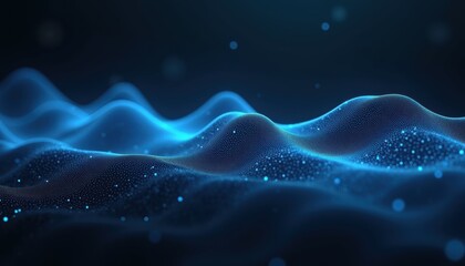 Poster - Abstract blue wave patterns with glowing particles on dark background  