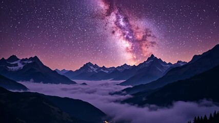 Wall Mural - Mountain Range Under a Starry Night Sky Above Valley of Clouds with Purple Hues and Dramatic Lighting