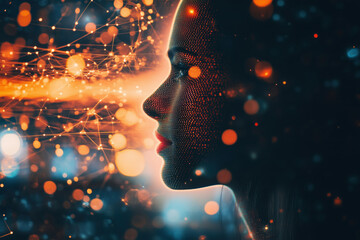 Poster - Digital portrait of woman with abstract data visualization, glowing particles
