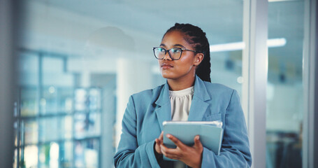 Poster - Office, black woman and thinking with tablet for research, finance report and digital for email. Career, female person and financial consultant with ideas for risk management, business and planning