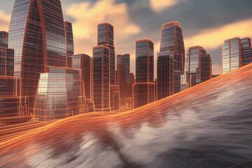 Poster - Wireframe cityscape at sunset, reflecting on a textured surface, showcasing modern architecture and urban design, representing technological advancement and futuristic cityscapes