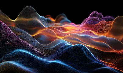 Poster - Colorful abstract wave patterns, vibrant textures, illuminated surfaces, digital landscape, 3D rendering