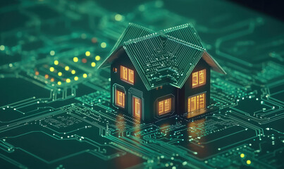 Poster - Digital house on circuit board, glowing windows, futuristic technology, green background, modern architecture, smart home concept
