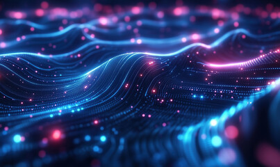 Poster - Abstract digital waves with glowing particles, vibrant colors, flowing patterns, blue and pink hues, creating a mesmerizing visual effect
