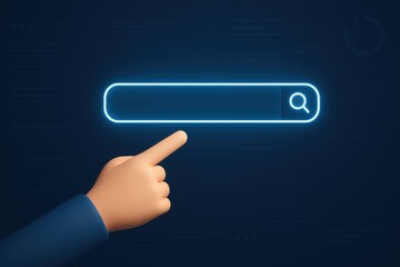 Aufkleber - The Digital Pointer: A vibrant cartoon hand is shown using a neon search bar, showcasing the modern process of digital research and the easy accessibility of internet search.